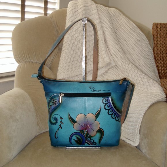 Auth. ANNA By ANUSCHKA LTD Hand Painted Floral Hobo Shoulder Crossbody Bag - Picture 5 of 7
